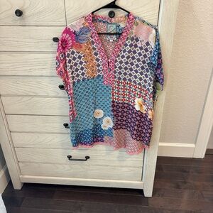 Johnny Was Vibrant Geometric Floral Blouse